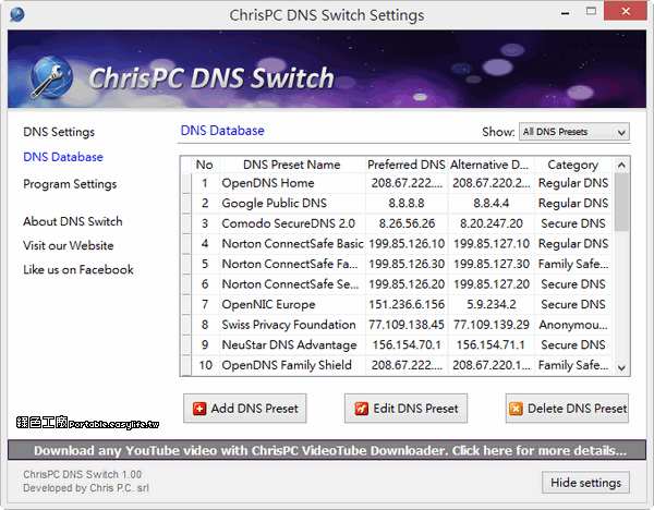 Win7修改DNS地址(ChrisPC DNS Switch)