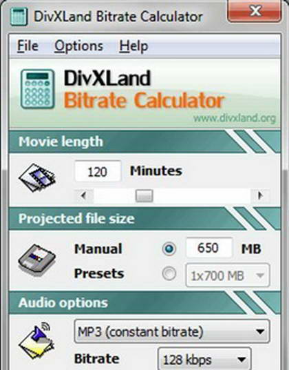 DivXLand Bitrate Calculator