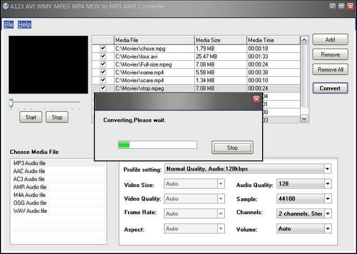 A123 AVI WMV MPEG MP4 MOV to MP3 AMR Converter