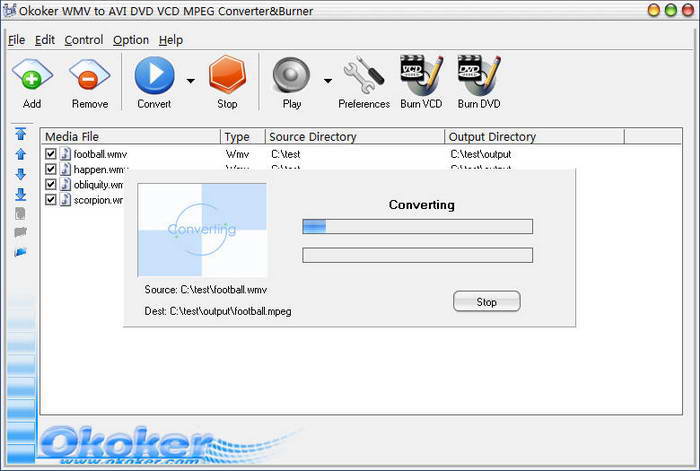 Okoker WMV to AVI DVD VCD MPEG Converter&Burner