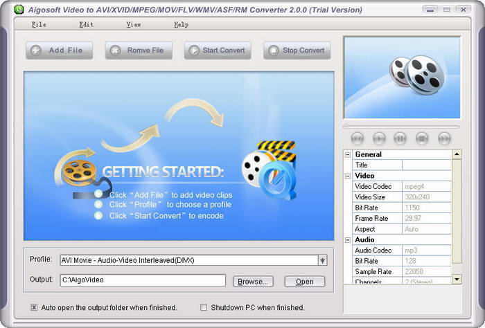 Aigo Video to AVI/MPEG/XVID/MOV/FLV/WMV/ASF/RM Converter