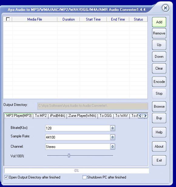 Aya Audio to MP3/WMA/AAC/MP2/WAV/OGG/M4A/AMR Converter