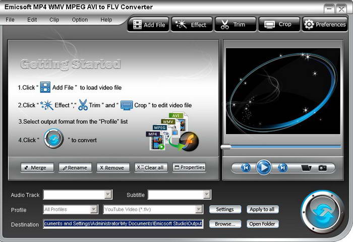 Emicsoft MP4 WMV MPEG AVI to FLV Converter