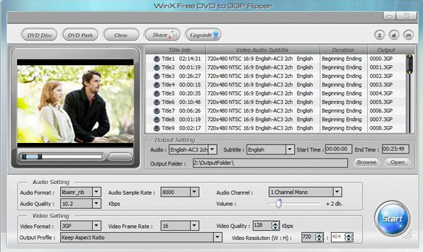 WinX Free DVD to 3GP Ripper