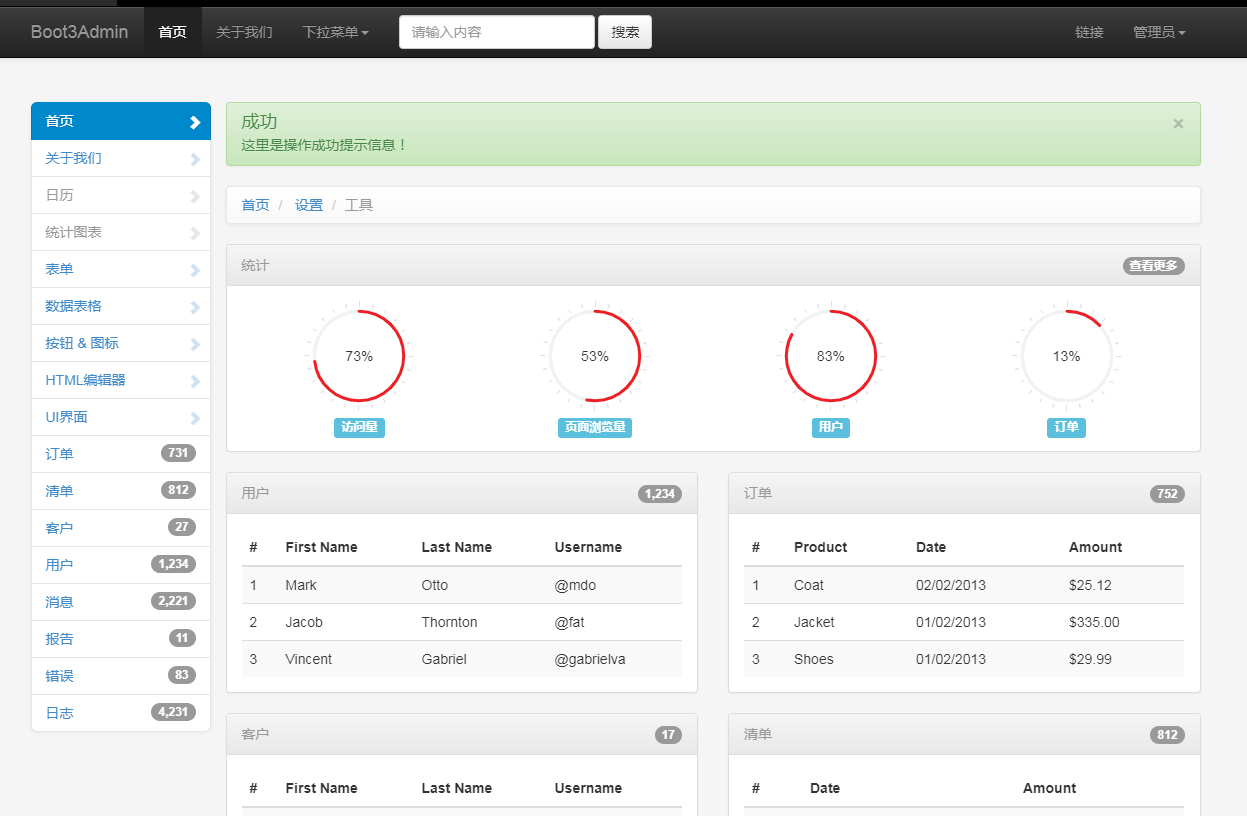 清晰带统计的bootstrap3后台框架模板