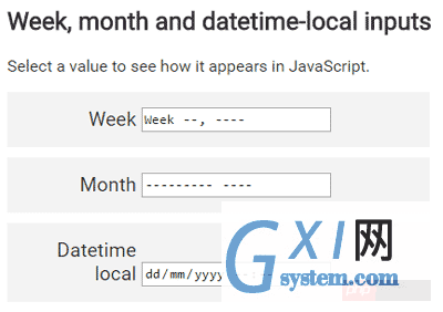 Week, month and datetime-local inputs