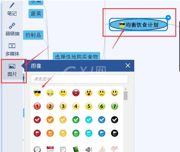 迅捷思维导图插入表情的操作过程截图