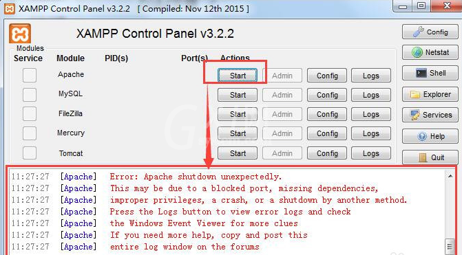 XAMPP集成环境apache启动失败的处理操作步骤截图
