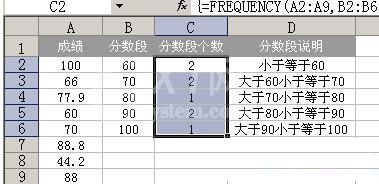 Excel中frequency分数段函数使用操作内容截图