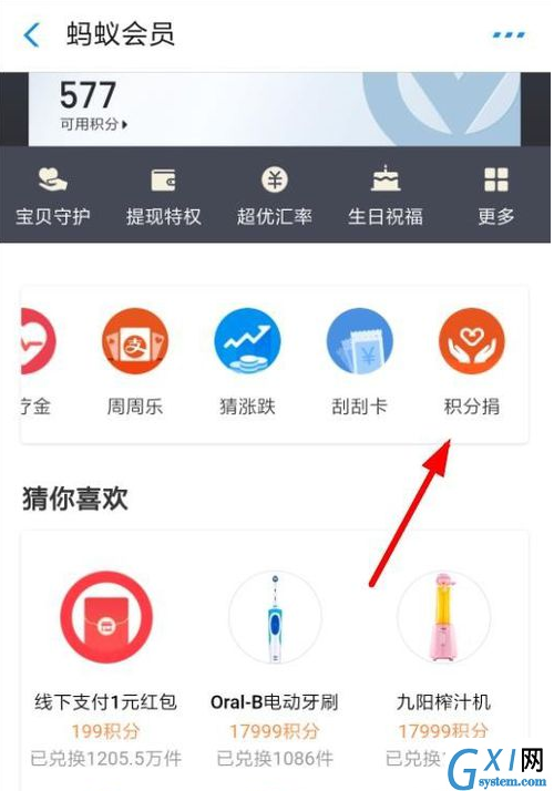 支付宝参加积分捐赠的操作过程截图