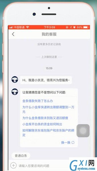 在京东金融里联系客服的基础操作截图