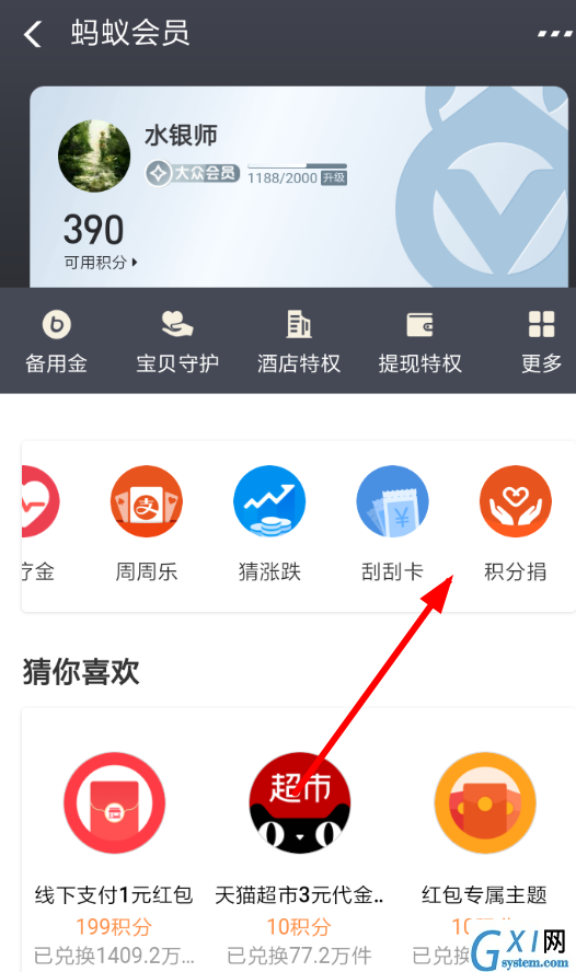 在支付宝APP里捐赠积分的简单操作截图