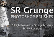 A thumbnail image that says S R grunge photoshop brushes 6 high resolution grunge brushes by six revisions.